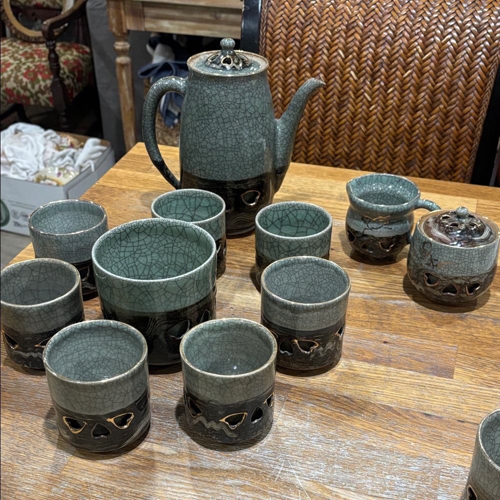 1940’s Japanese double walled Somayaki Green Ceramic Tea Set